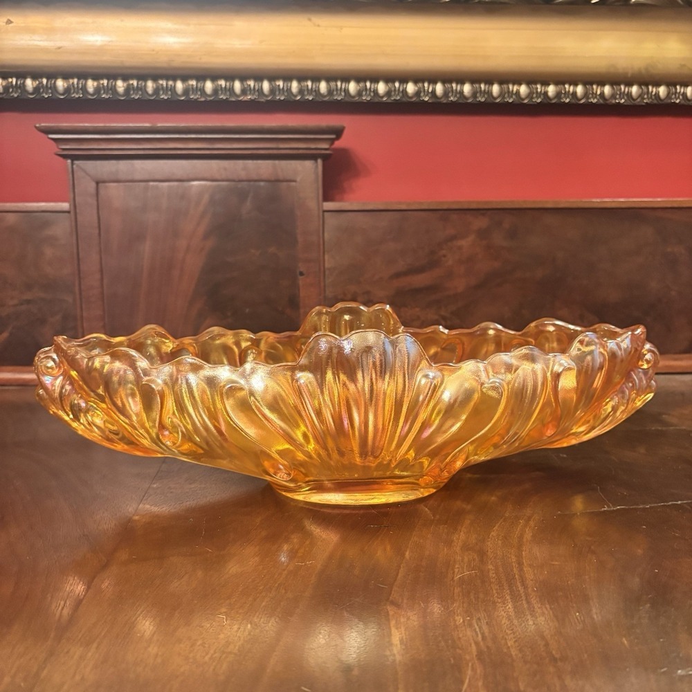 Vintage Jeannette Glass Marigold Carnival Glass Gondola Bowl Iridescent 15" Oval - Picture 5 of 8